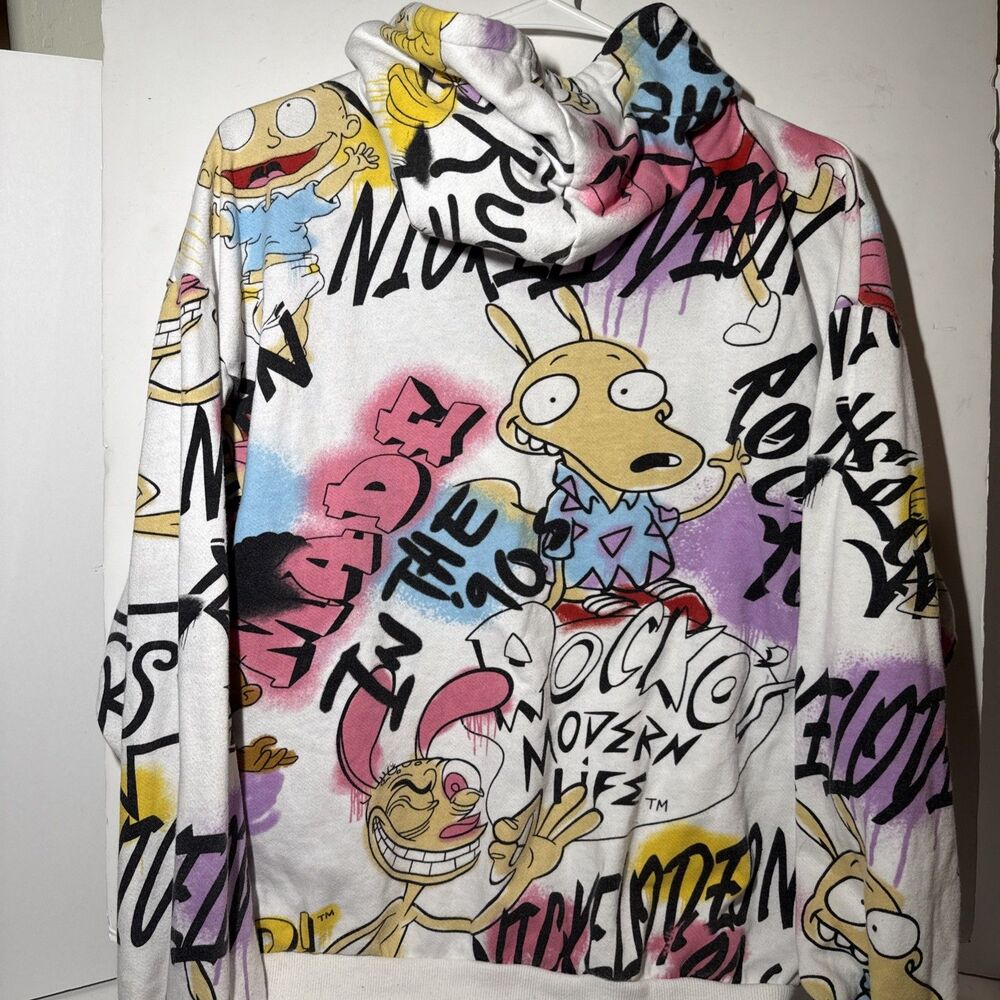 Nickelodeon Ren Stimpy Hey Arnold Rugrats Print ALL OVER Hoodie Y2K 90s Size L - Picture 6 of 6